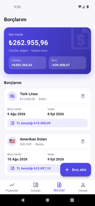 Borçlarım sekmesi